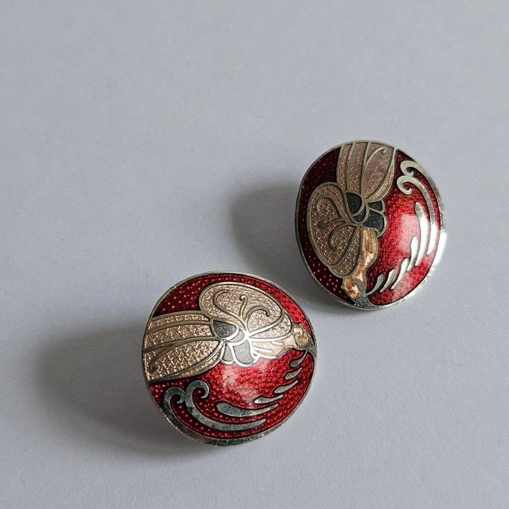Vintage Roman Enamel Earrings Floral Circle Clip On 1980s Cloisonne BOHO Red
